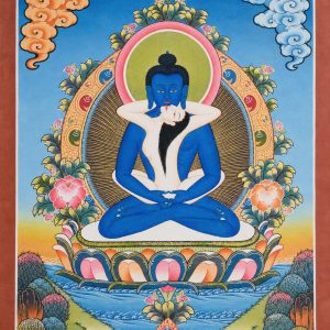 Traditional Buddhist Thangka painting depicting a seated Buddhist deity